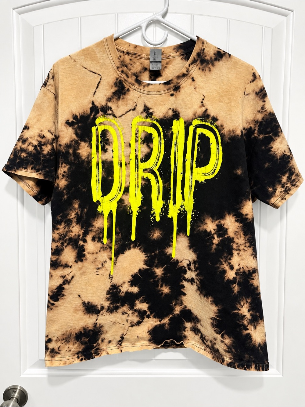 DRIP Bleach Dye Graphic T-Shirt Large Black Tan Neon Yellow Streetwear